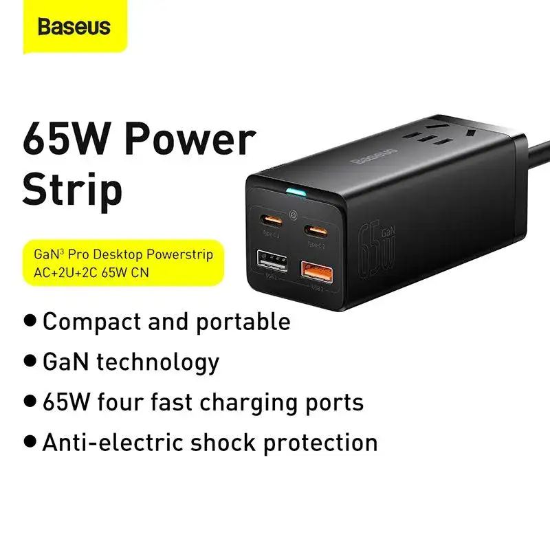 Baseus GaN3 pro 65W desktop fast charge Patch panel charging head 2C 2A AC jack black